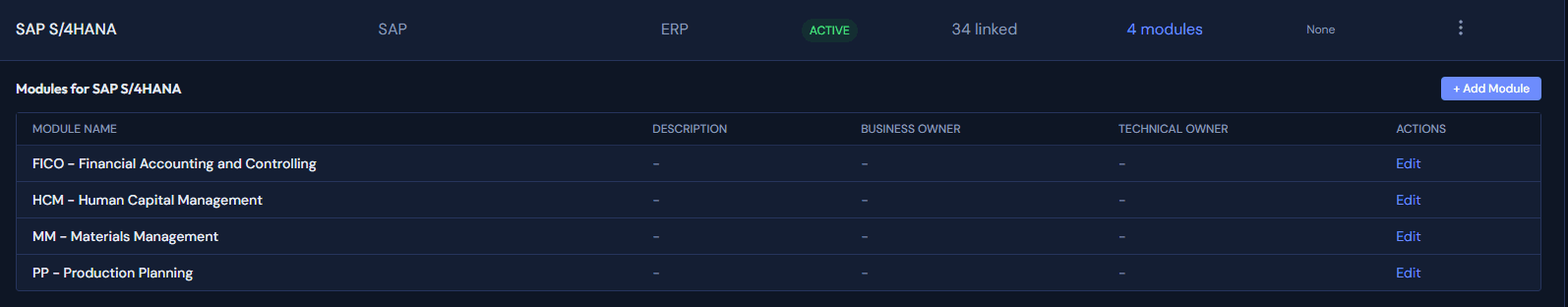 Application inventory showing SAP S/4HANA with its modules including FICO, HCM, Materials Management, and Production Planning